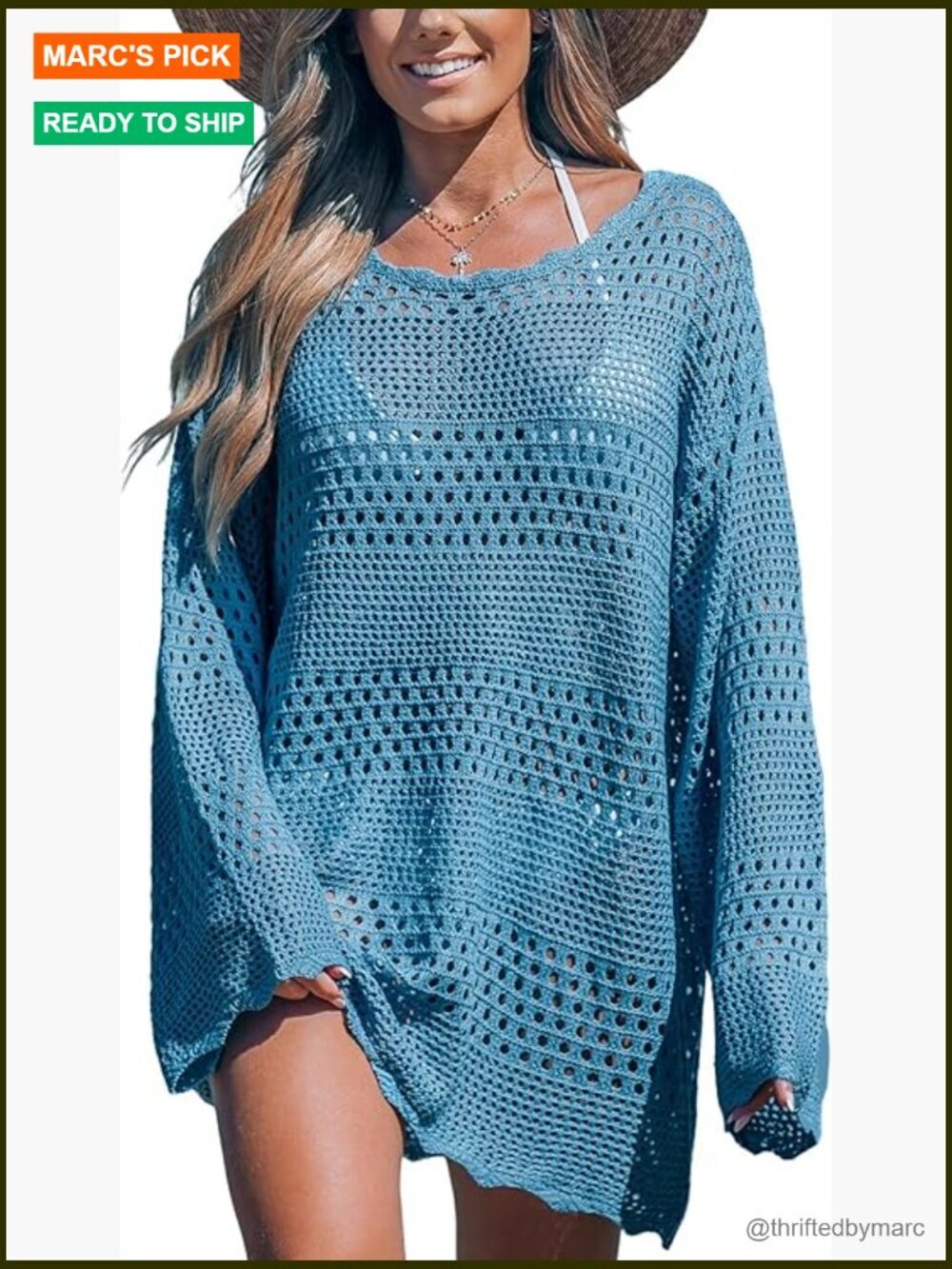 Crochet Swimsuit Cover Up - Long Sleeve Beach Dress Knit Pullover
